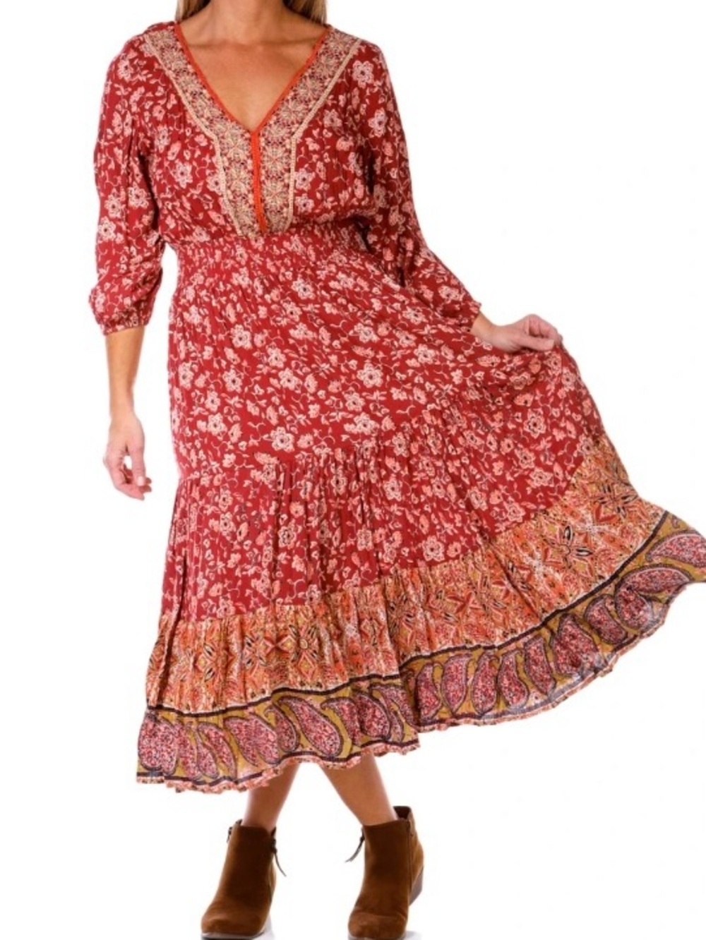 Lola P. Red Floral Paisley Boho Maxi Dress Long Sleeve Smocked Waist